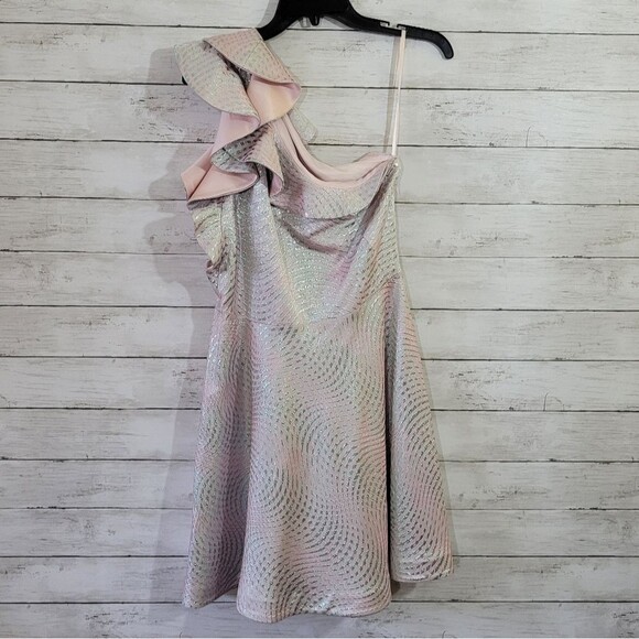 Blush Pink & Silver Metallic One Shoulder Dress w Cascading Ruffle Prom Dress - Picture 2 of 13